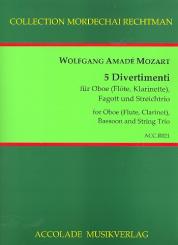 Mozart, Wolfgang Amadeus: 5 Divertimenti für Oboe (Flöte, (Klarinette), Fagott und Streichtrio, Partitur und Stimmen 